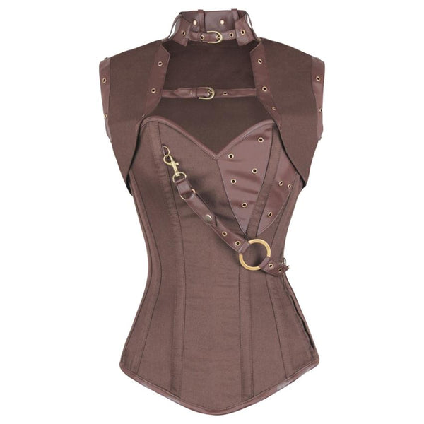 Niria Steampunk Brown Cotton Corset with Shrug - Corsets Queen US-CA