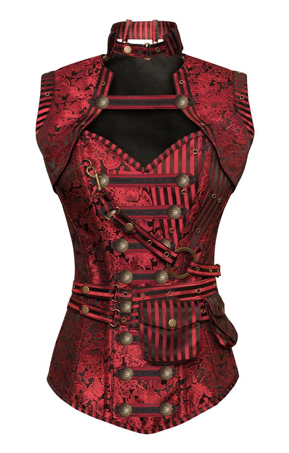 Judi Red Steampunk Corset With Red Removable Pouch - Corsets Queen US-CA