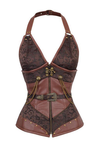 Crawford Green Brocade & Faux Leather Underbust Corset With Chain Details