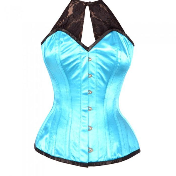 Keziaah Turquoise Satin Corset with Lace Halterneck - Corsets Queen US-CA