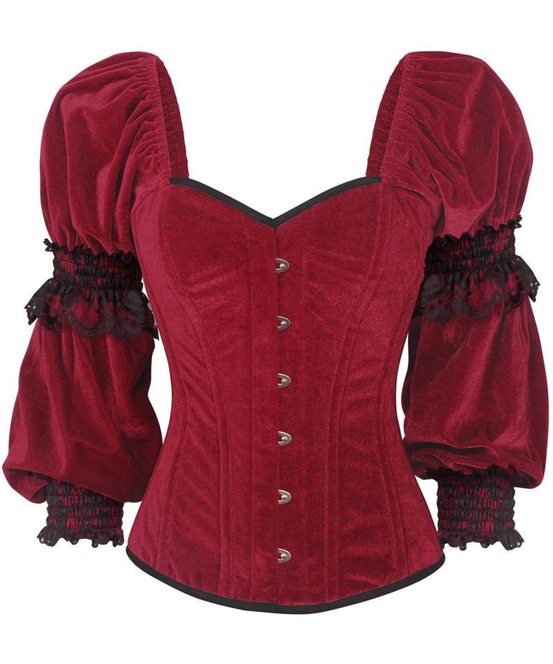 Phajnic Gothic Overbust Maroon Corset with Attached Sleeve