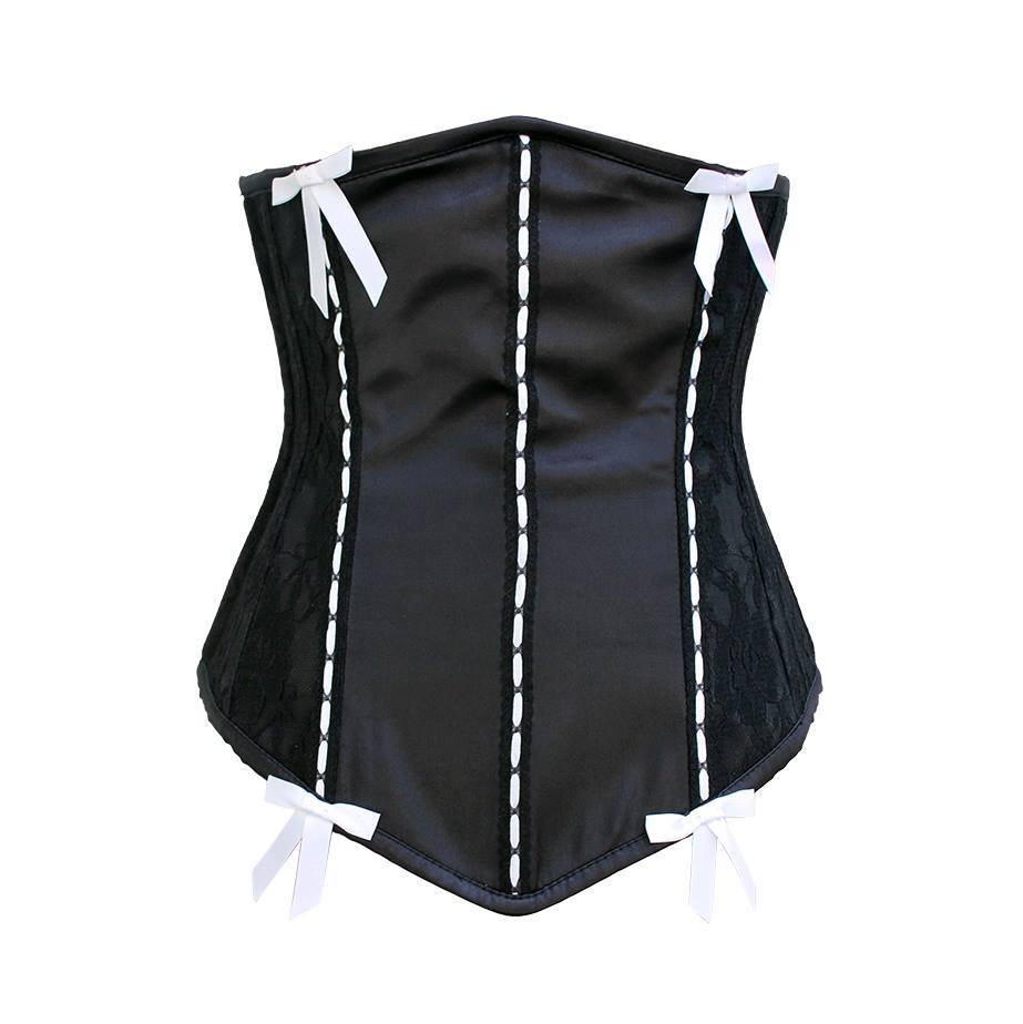 Pambriee Black Satin Underbust Corset With Black Net & Bow