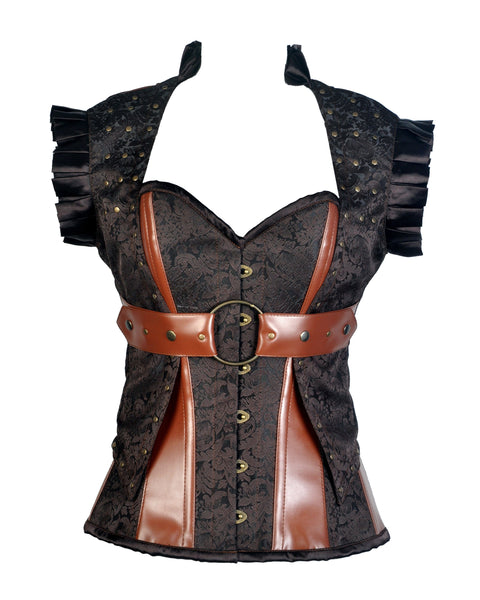 Harry Coffee Brown Brocade & Faux Leather Corset With Jacket