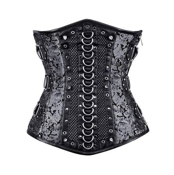 Zapata Silver Brocade Underbust Gothic Corset With Buckle