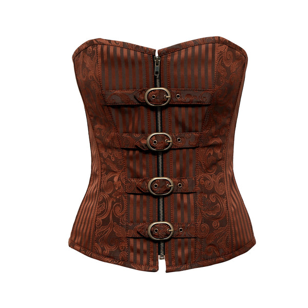 Amberr Coffee Brocade Overbust Corset With Buckle Details