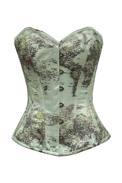 Raegan Green World Map Polyester Satin Overbust Corset