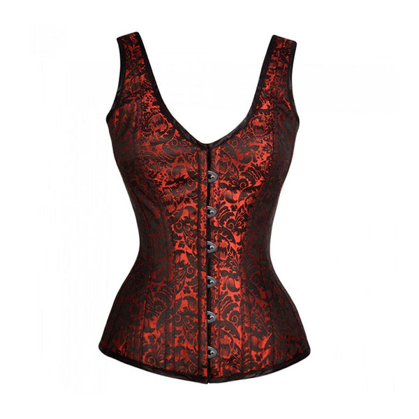 Queenie Brocade Shoulder Straps Overbust Steel Boned Corset - Corsets Queen US-CA